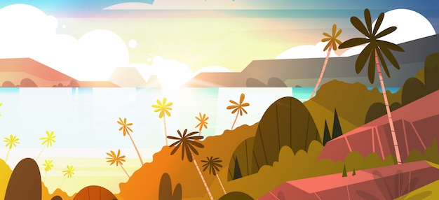 Вектор Удивительный закат на берегу моря горизонтальные иллюстрации, тропический пейзаж летний пляж с пальмой экзотический курорт