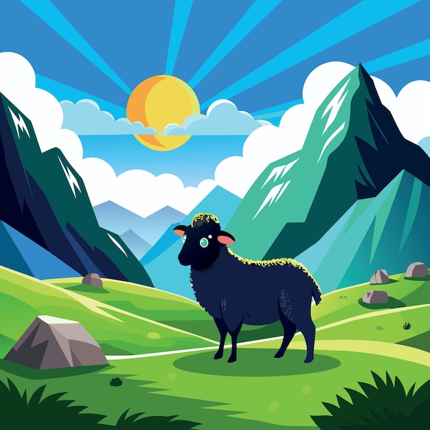 amazing view of black sheep eating green glass up the hill with beautiful high mountains valley bl