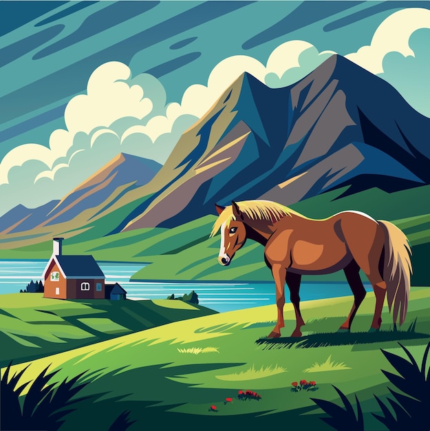 Вектор Удивительный вид коричневой лошади на сельской ферме, пасущейся на зеленой траве в облачном небе на фарерских островах