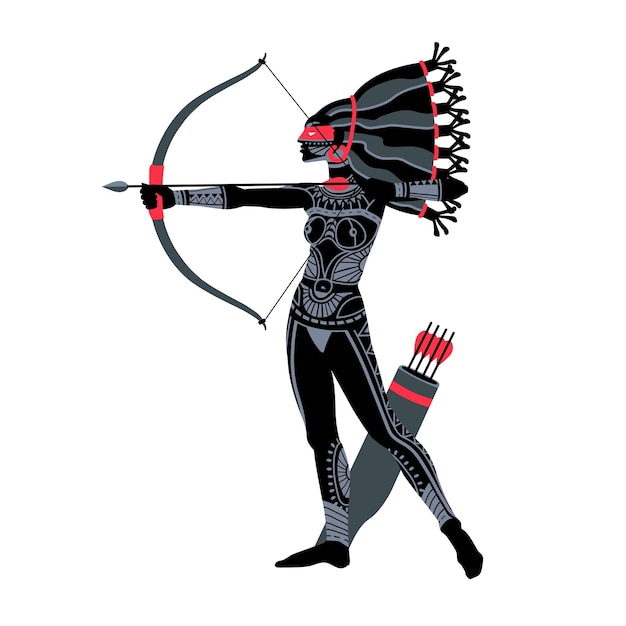 銀の鎧を着たアマゾンの射手美しい女性の戦士が弓で女神アルテミスを狩る