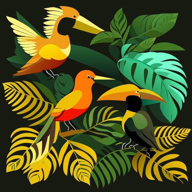 Амазонские птицы в наборе иконок с акварельной векторной иллюстрацией