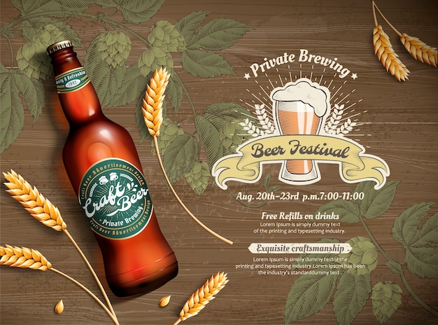 Ambachtelijke bier en tarwe in 3d illustratie op de gegraveerde achtergrond van de hopbloem, houten lijstbovenkant
