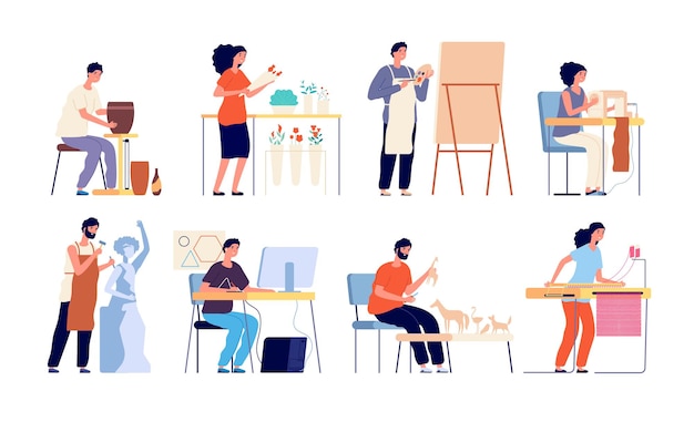 Ambachtelijke hobby. Creatieve kunstenaars, geïsoleerde mensen en ambachtelijk proces. Platte volwassenen, bloemschikken en naaien, tekenen en ontwerpen vector set. Kunstenaar handwerk, vrouw en man handgemaakte illustratie