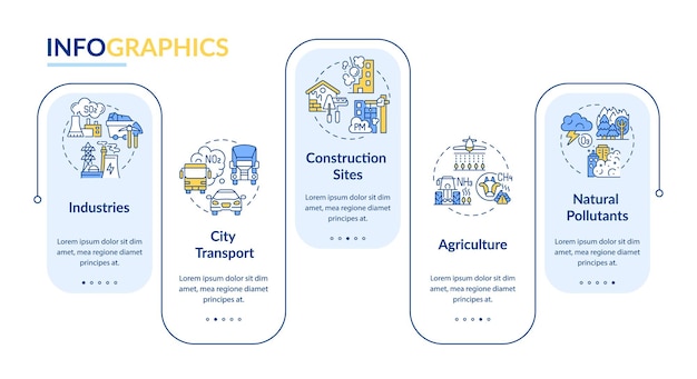 Ambient air pollution vector infographic template. industry, construction sites presentation design elements. data visualization with 5 steps. process timeline chart. workflow layout with linear icons