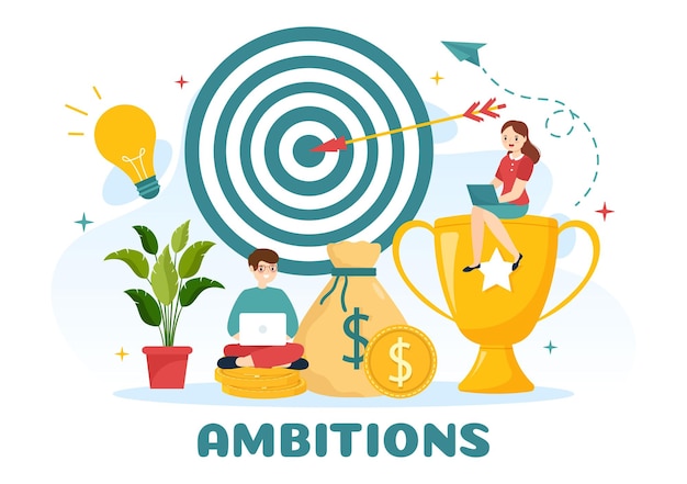 Ambitie illustratie met ondernemer die de ladder beklimt naar succes en loopbaanontwikkeling