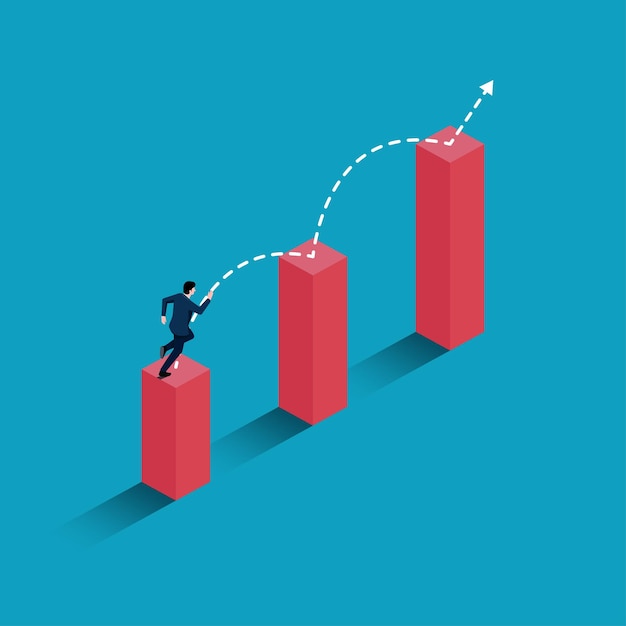 Vettore concetto di ambizione con l'uomo d'affari che salta sulle colonne del grafico