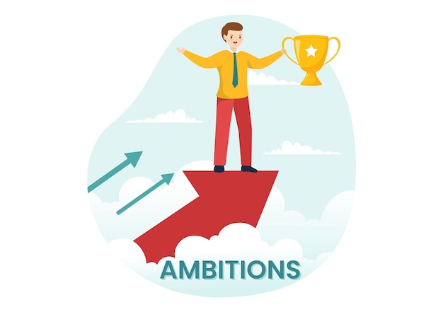 Иллюстрация амбиций с предпринимателем, поднимающимся по лестнице к успеху и развитию карьеры