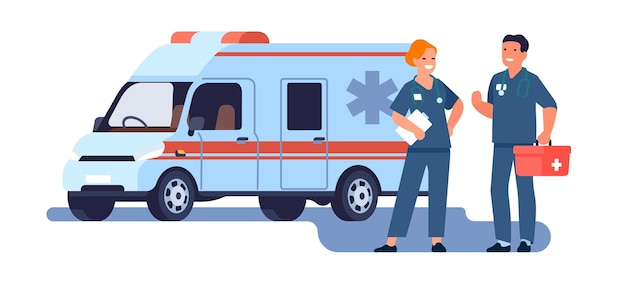 Vector ambulance-artsen met auto en medische uitrusting paramedicus man en vrouw in uniform ziekenhuis reddingsvoertuig gezondheidszorg en medicijnen arts en verpleegster auto minivan vector concept