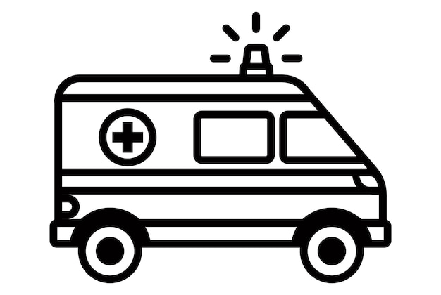 サイレンが付いている救急車の黒い線形アイコンは、病気の人への呼び出しに急いでいます
