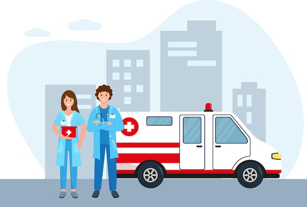 Вектор Машина скорой помощи и врачи в городе. персонал скорой помощи или концепция скорой медицинской помощи.