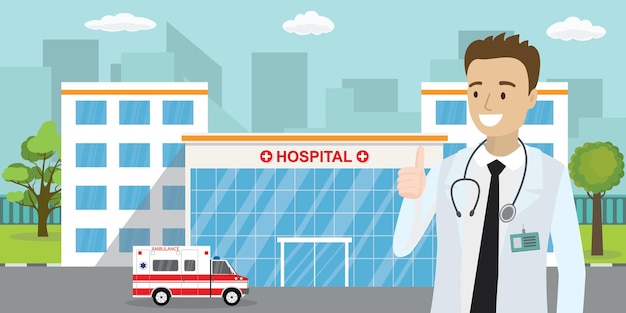 Vettore ambulanza ospedale o clinica edificio e caucasico medico maschio illustrazione vettoriale
