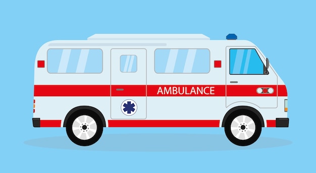 Ambulance carmodern voertuig geïsoleerd op blauwe achtergrond platte vectorillustratie