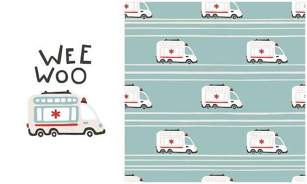 Ambulance cars seamless pattern