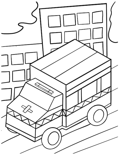 Ambulance Coloring Page for Kids Line Art Vector Blank Printable Design for Children to Fill In