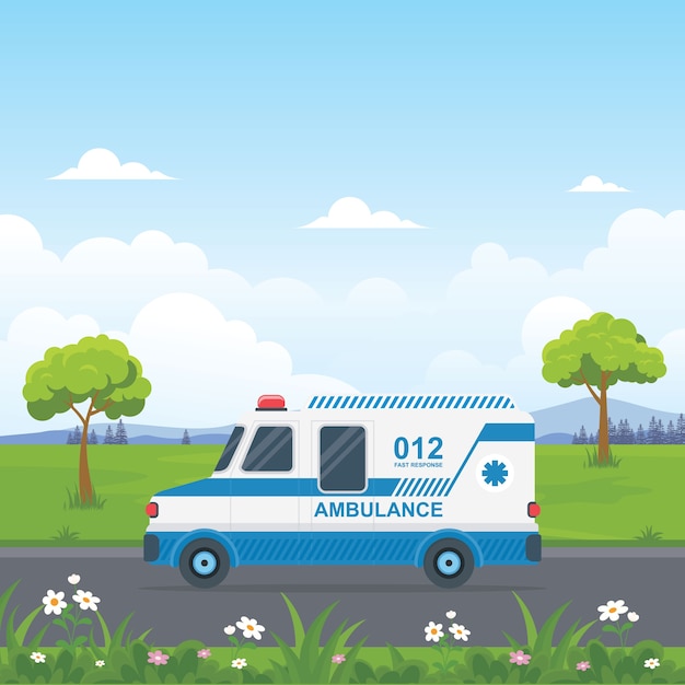 Ambulance crossed the road with beautiful rural landscape