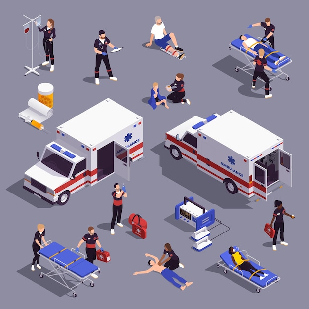 Vector ambulance first aid paramedics isometric set with isolated images of ambulance car crash cart and people vector illustration