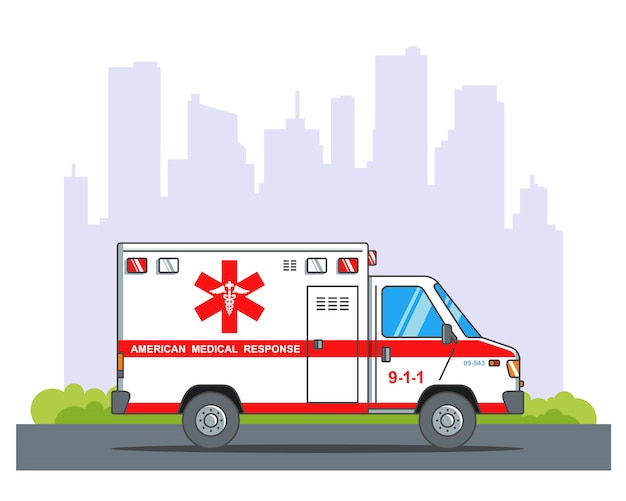 Ambulance hurries to the rescue against the backdrop of the city. flat illustration