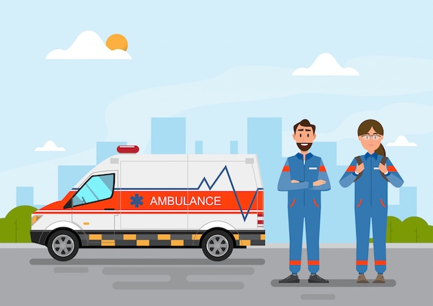 Vettore servizio medico dell'ambulanza che trasporta paziente con il personale dell'uomo e della donna