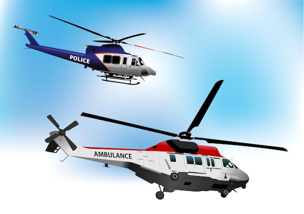 Ambulance and Police Helicopters Vector 3d illustration