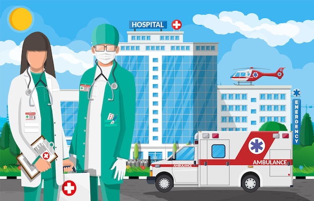 Concetto del personale dell'ambulanza icona medica dell'edificio dell'ospedale ospedale sanitario e diagnostica medica servizi di urgenza e emergenza albero del cielo stradale auto ed elicottero illustrazione vettoriale piatta