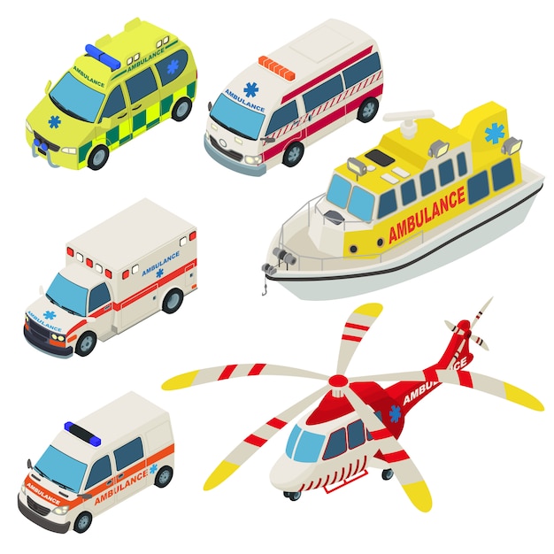 Ambulance urban transport icons set. Isometric illustration of 6 ambulance urban transport vector icons for web