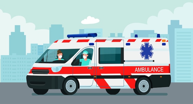 Vector ambulancebusje met chauffeur en arts in een medisch masker tegen de achtergrond van een abstract stadsbeeld.