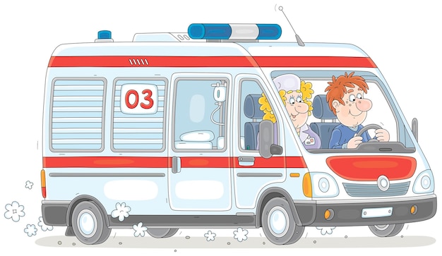 Ambulancewagen met een dokter en een chauffeur die zich haasten om te redden