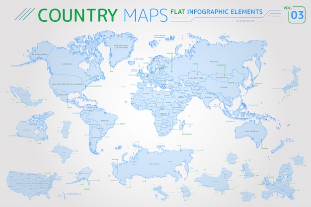 America, Asia, Africa, Europe, Australia, Mexico, Japan, Canada, USA, Russia, China Vector Maps