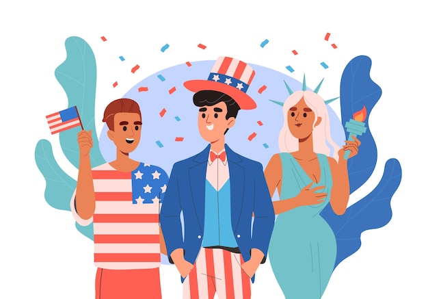 국기 축제와 축제 축하와 함께 전통 의상을 입은 미국 날 포스터 남자와 여자