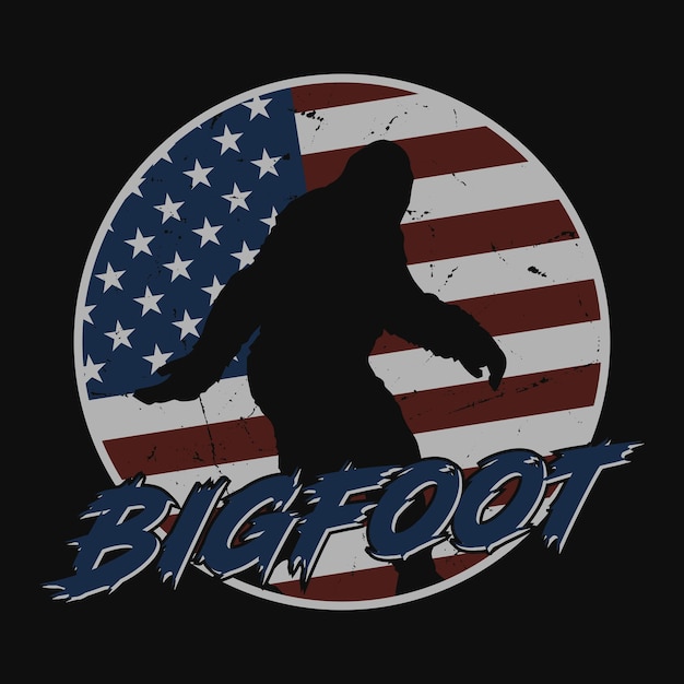 Vettore design della maglietta bigfoot con bandiera americana per gli amanti dell'avventura