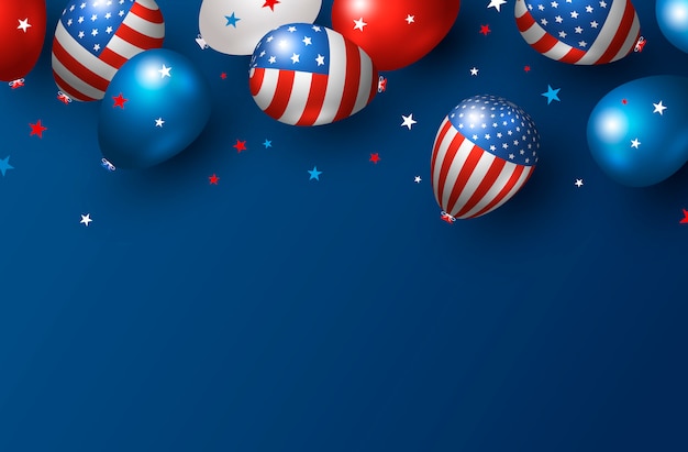 Progettazione dell'insegna di festa dell'america dei palloni di usa su fondo blu