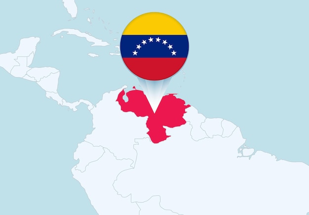 Америка с выбранной картой Венесуэлы и значком флага Венесуэлы