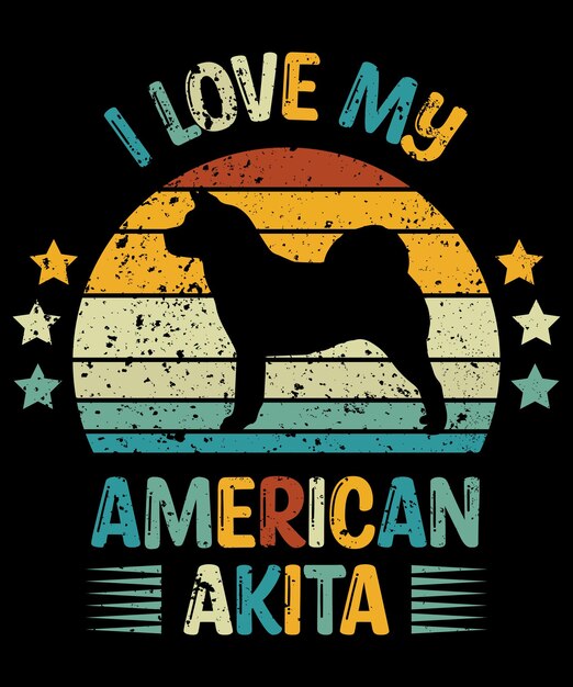 American akita silhouette vintage and retro tshirt design