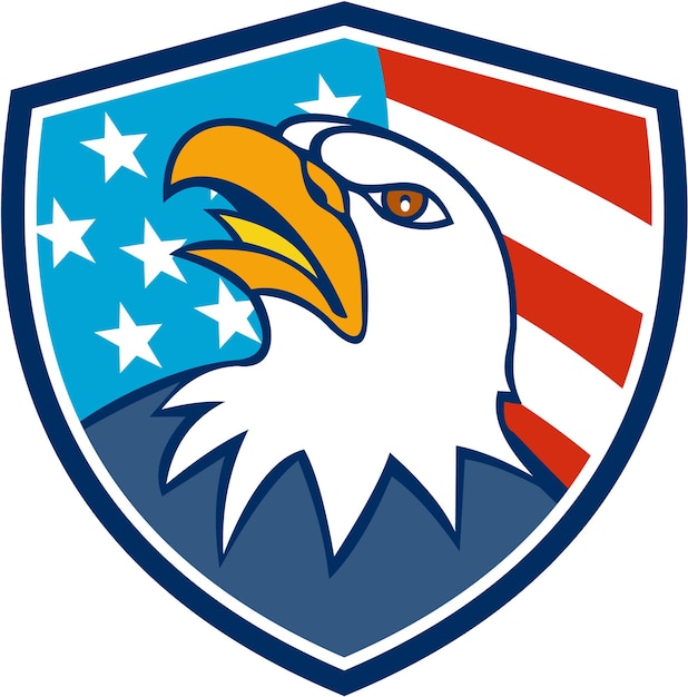 American Bald Eagle Head Looking Up Flag Crest Cartoon (Amerikaanse kale adelaar die naar boven kijkt)