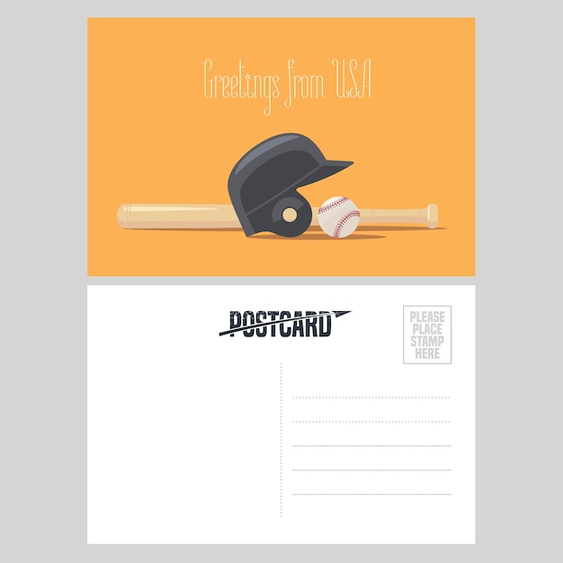 American baseball equipment  illustration.  element for airmail card sent from usa for travel to america concept with baseball ball and bat