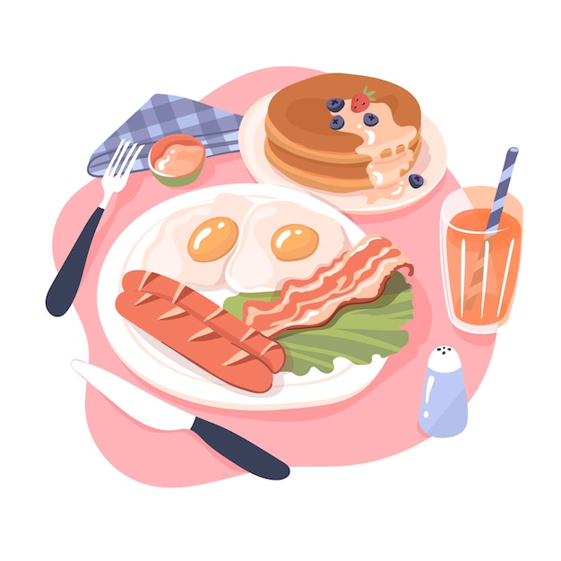 Colazione americana in illustrazione vettoriale uova salsicce insalata pancetta frittelle marmellata succo di sale