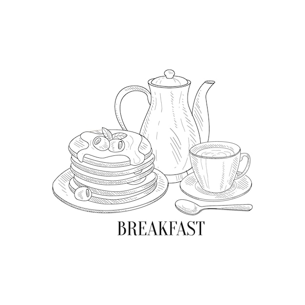 Американский завтрак с блинами и кофе, нарисованный вручную реалистичный эскиз