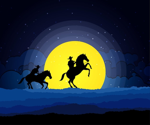 American cowboy with horse wild west moon night landscape