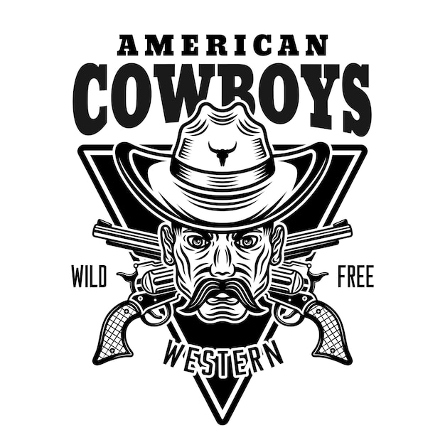 Distintivo o logo dell'etichetta dell'emblema dell'annata di vettore dei cowboy americani in stile monocromatico isolato su priorità bassa bianca