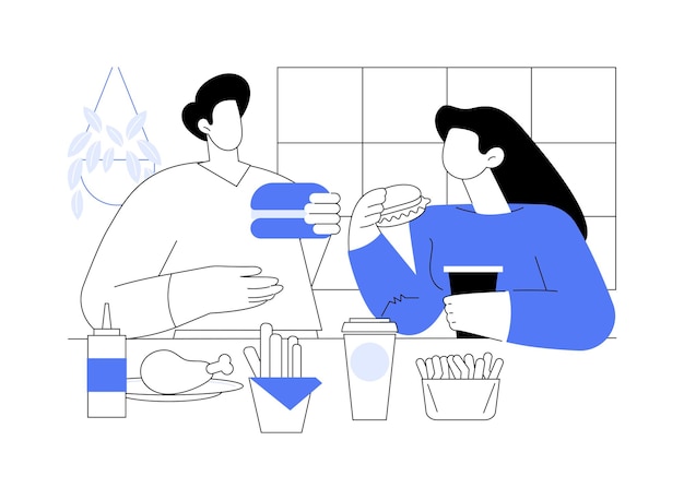 Вектор Американская кухня изолированные мультфильмы векторные иллюстрации улыбающаяся пара веселится и ест гамбургеры и картошку фри в кафе вместе зависимость от нездоровой еды висит векторный мультфильм