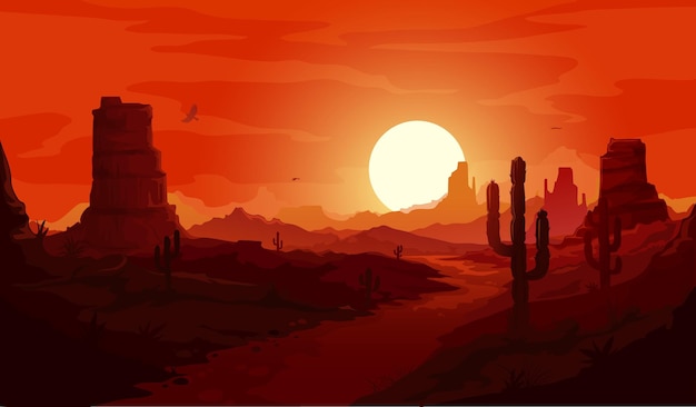 American desert landscape. texas western mountains and\
cactuses, condor eagles and sunset background. vector wild west dry\
desert landscape with path go through rocks under red sky at\
dusk