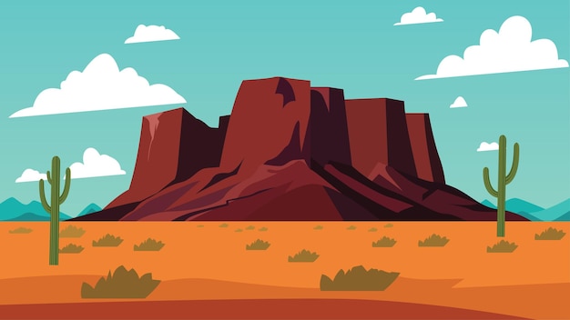 american desert landscape with rocky cliff mountain and cactus in bright sky