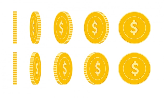 Monete del dollaro americano messe, animazione pronta. rotazione di monete gialle in usd. denaro usa