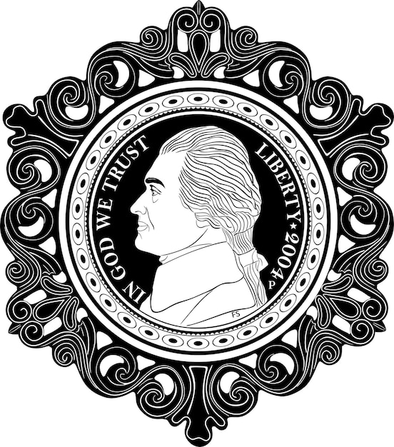 Vettore dollaro americano liberty moneta 2004 con cornice vintage 2 silhouette fatta a mano