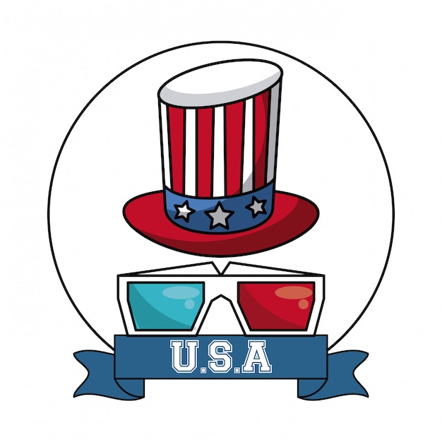 Vector american entertainment uncle sam hat with 3d glasses vector illustration graphic design