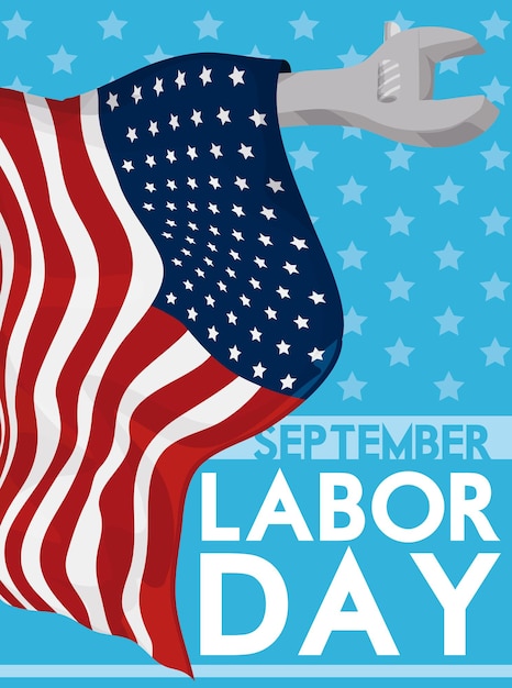 Vector american flag around a wrench like a flagpole on starry background and reminder of labor day