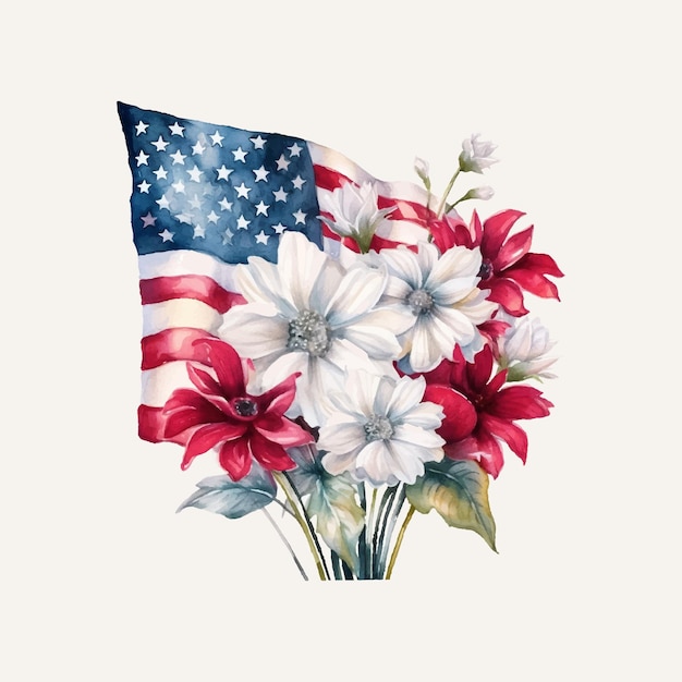 Vector american flag butterfly flowers watercolor independence day american