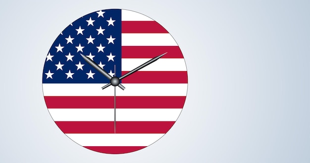 화살표가 있는 둥근 시계의 다이얼에 있는 미국 국기. Concept Welcome, 미국을 방문하기 가장 좋은 시간입니다. 공간을 복사합니다. 벡터 일러스트 레이 션