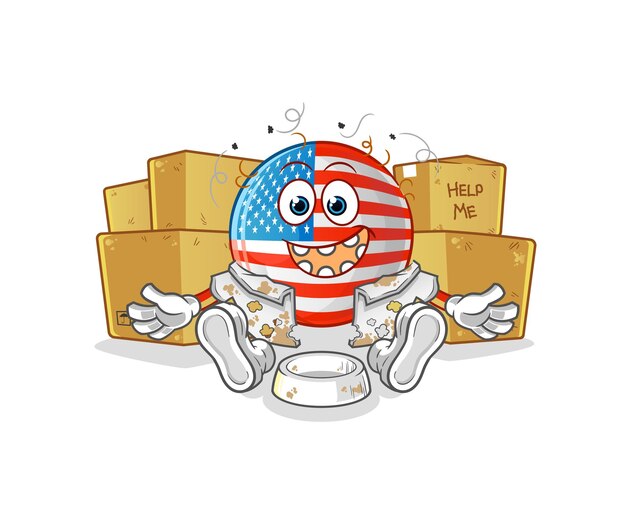 American flag homeless character. cartoon mascot vector