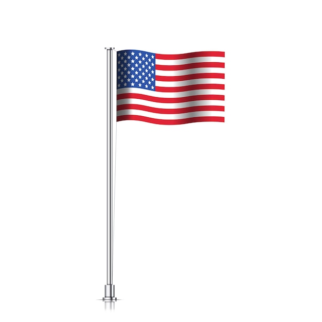 American flag isolated on white background. Waving USA flag on a metallic pole. Vector.